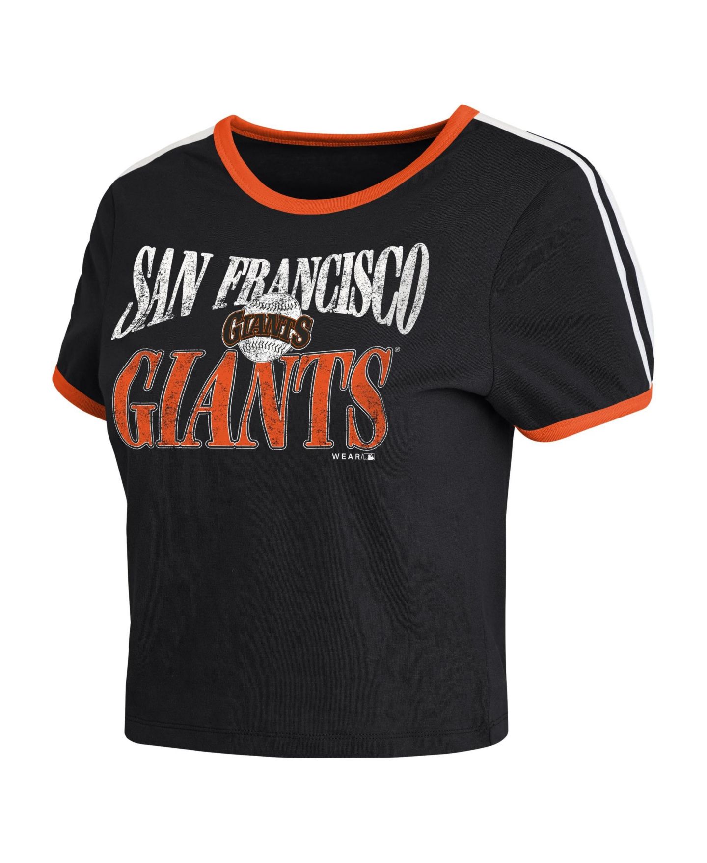 Женская футболка WEAR by Erin Andrews Black San Francisco Giants Cropped Throwback Ringer Baby T-Shirt — фото 2