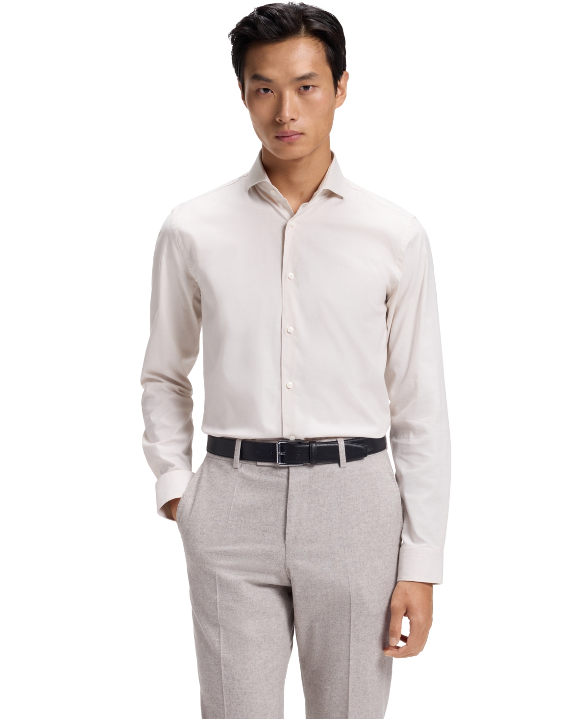 Boss by Hugo Boss Men's Structured Stretch Cotton-Blend Slim-Fit Dress Shirt - Open Beige