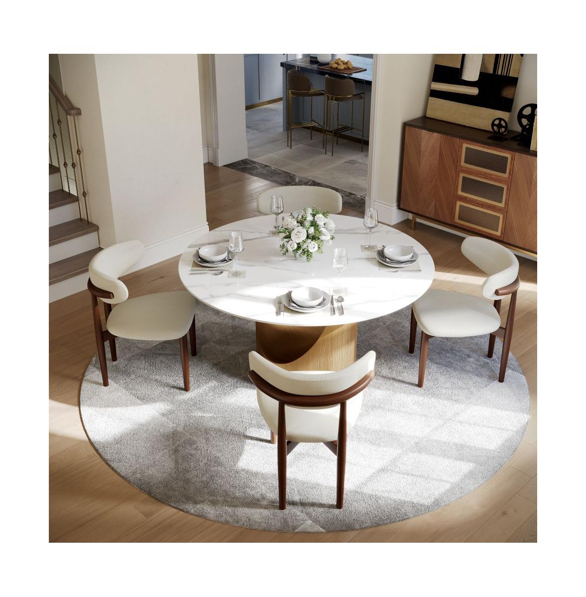 Povison Hobart Modern Round Dining Table for 4, Glossy Sintered Stone Metal Pedestal