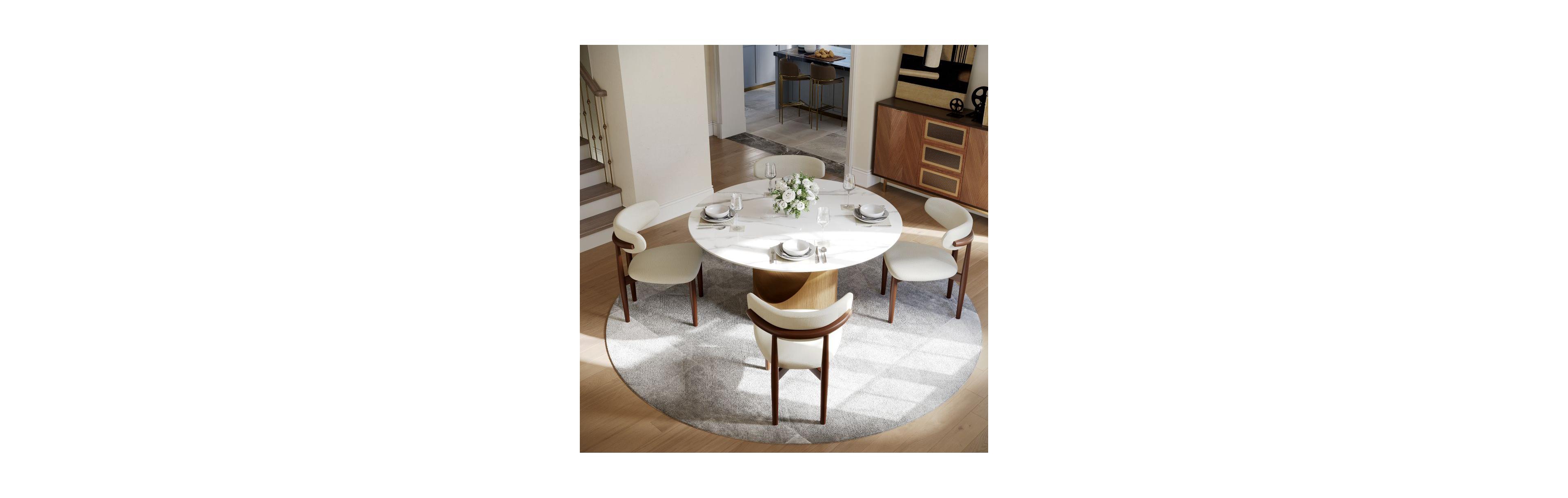 Povison Hobart Modern Round Dining Table for 4, Glossy Sintered Stone Metal Pedestal