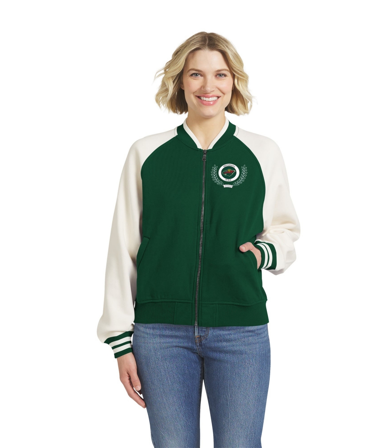 Wear by Erin Andrews Women's Green/White Minnesota Wild Fleece Varsity Full-Zip Jacket