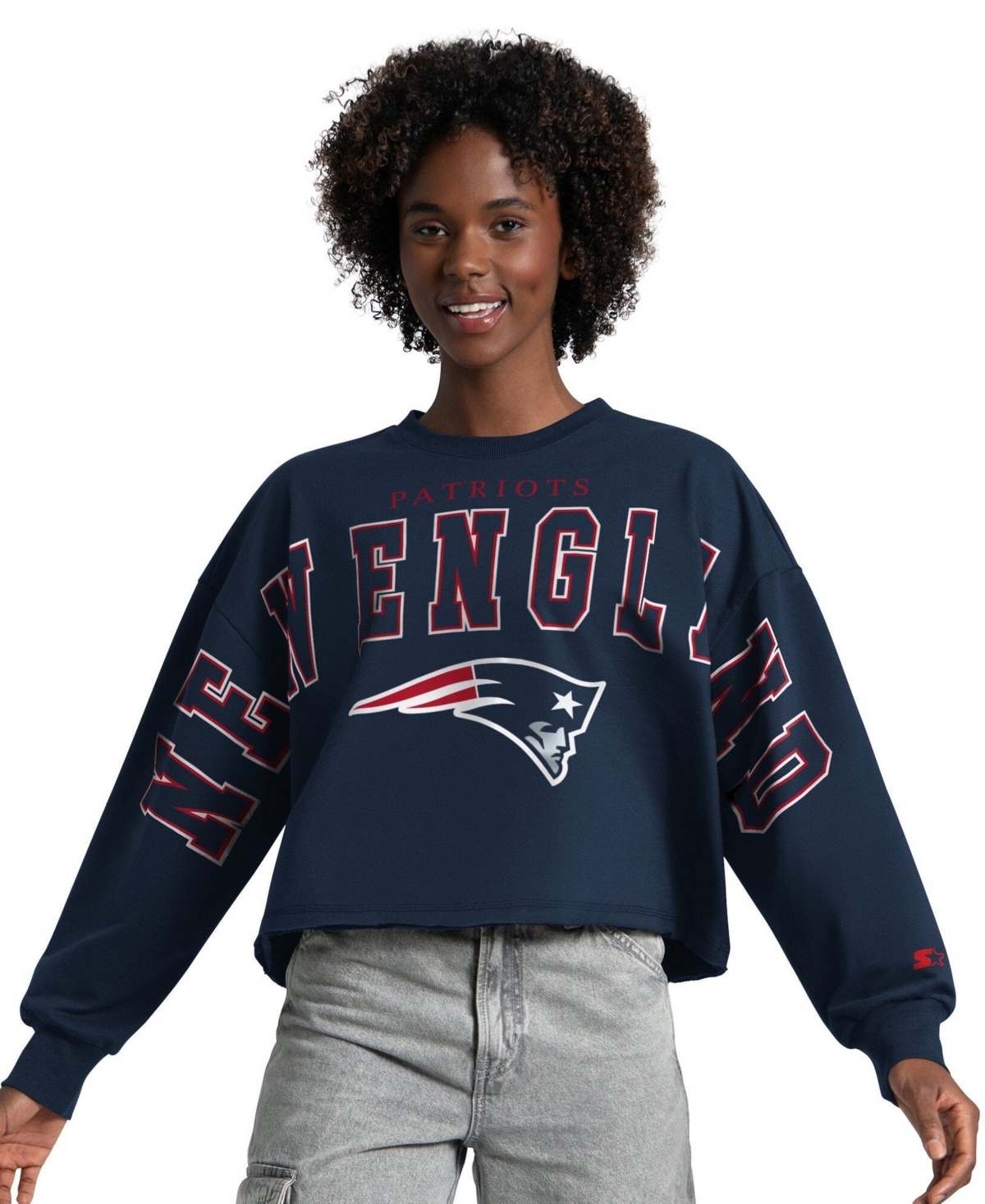 Starter Women's Navy New England Patriots Bleachers Cropped Sweatshirt