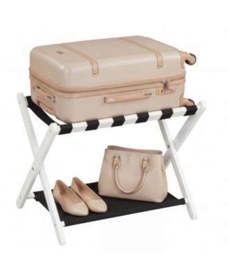 Solid Rubberwood Folding Luggage Rack with Nylon Shelves