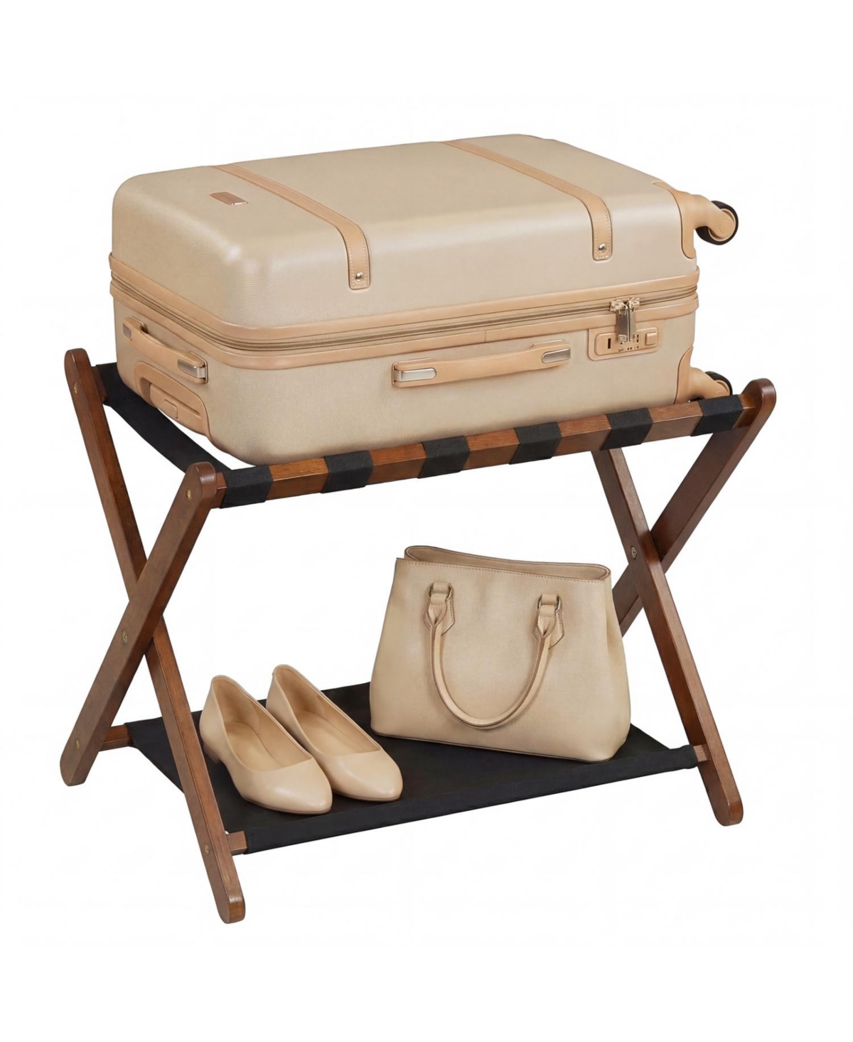 Mecale Solid Rubberwood Folding Luggage Rack with Nylon Shelves