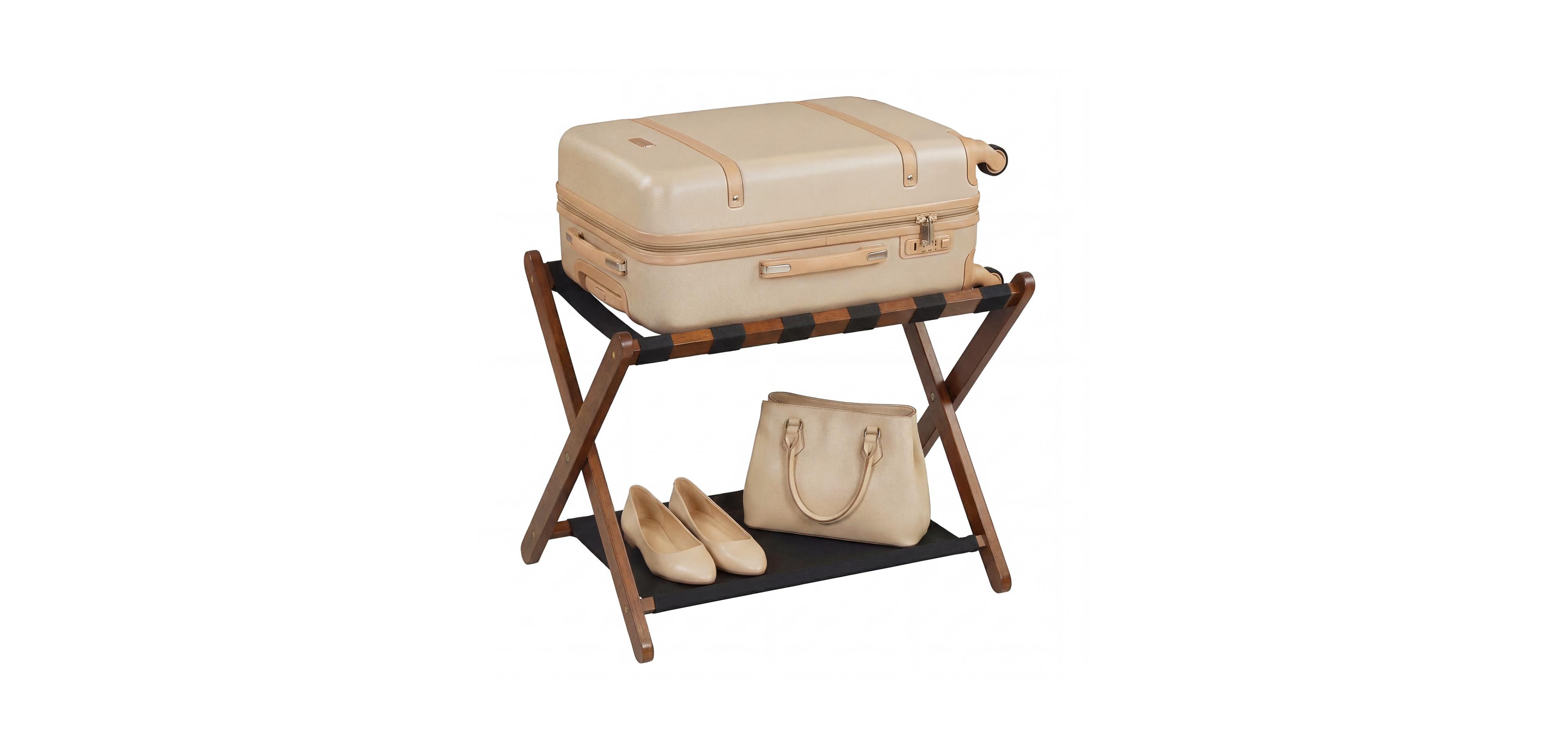 Mecale Solid Rubberwood Folding Luggage Rack with Nylon Shelves