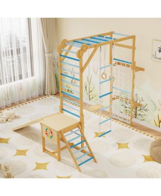 8-in-1 Wooden Indoor Jungle Gym with Slide, Swing, Monkey Bars & Gym Rings, 150 lbs Capacity, Ages 3-10