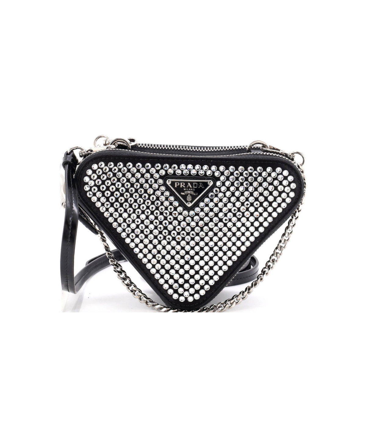 Pre-Owned Prada Mini Triangle Double Pouch Crossbody Crystal Embellished Satin - Black