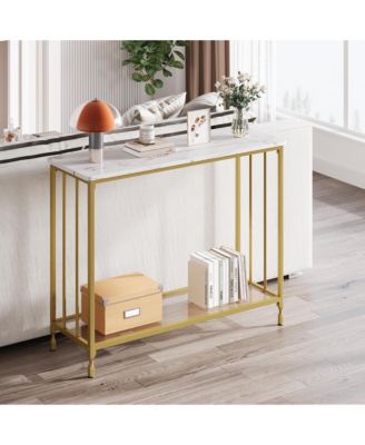 2-Tier Narrow Console Table with Fluted Glass Shelf, Metal Sofa Table, Modern Entryway Accent Table for Hallway, Foyer, Behind Couch