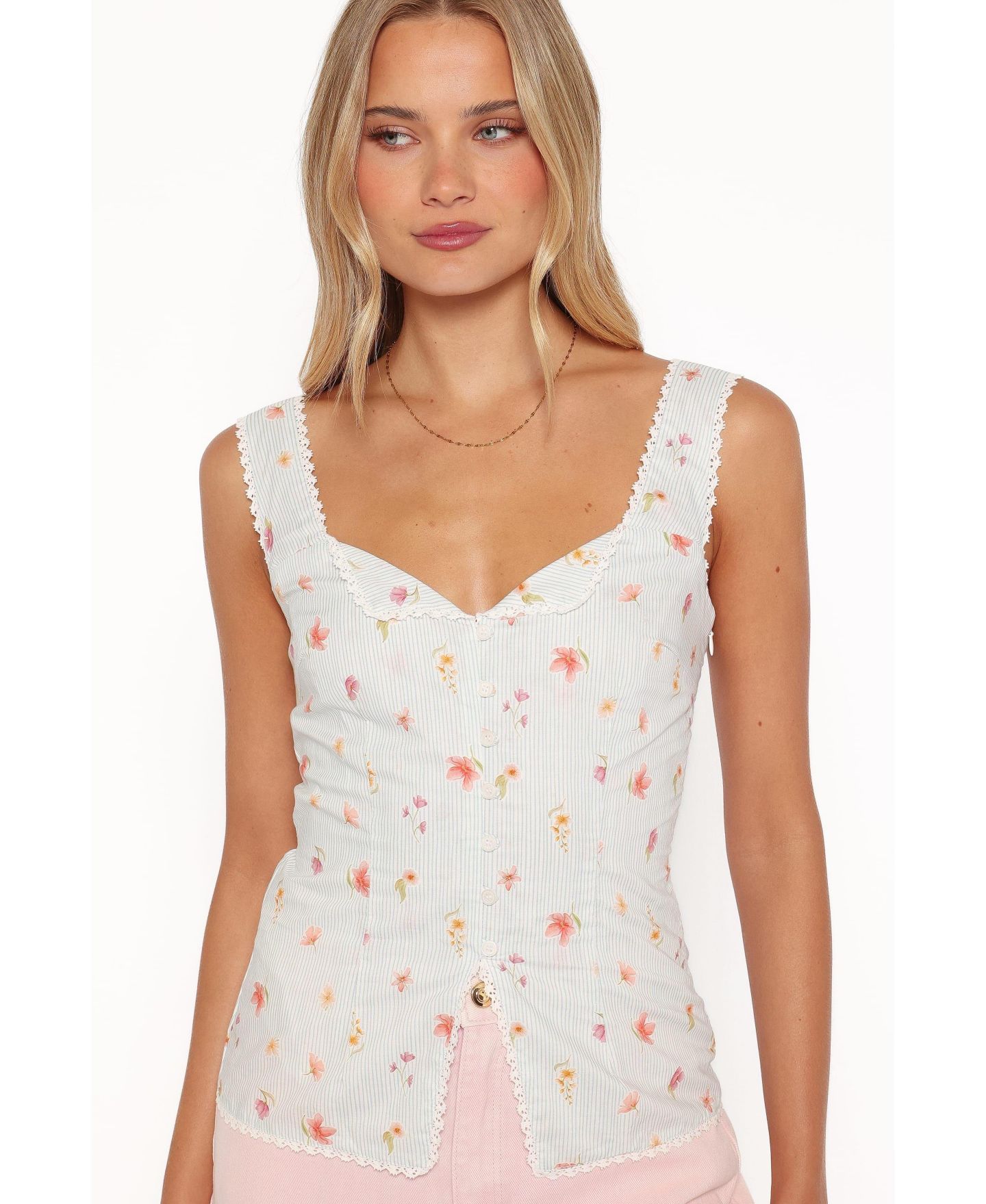 Женский топ Petal and Pup Ana Sleeveless V-Neck Lace-Trim, цвет: Синий полосатый — фото 4