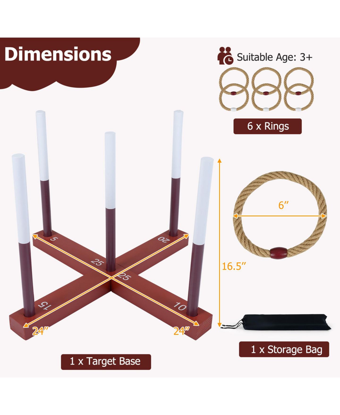 Детские игрушки Costway Ring Toss Game, Wood Lawn Game with 6 Rings, от 3 лет, цвет: Коричневый — фото 2