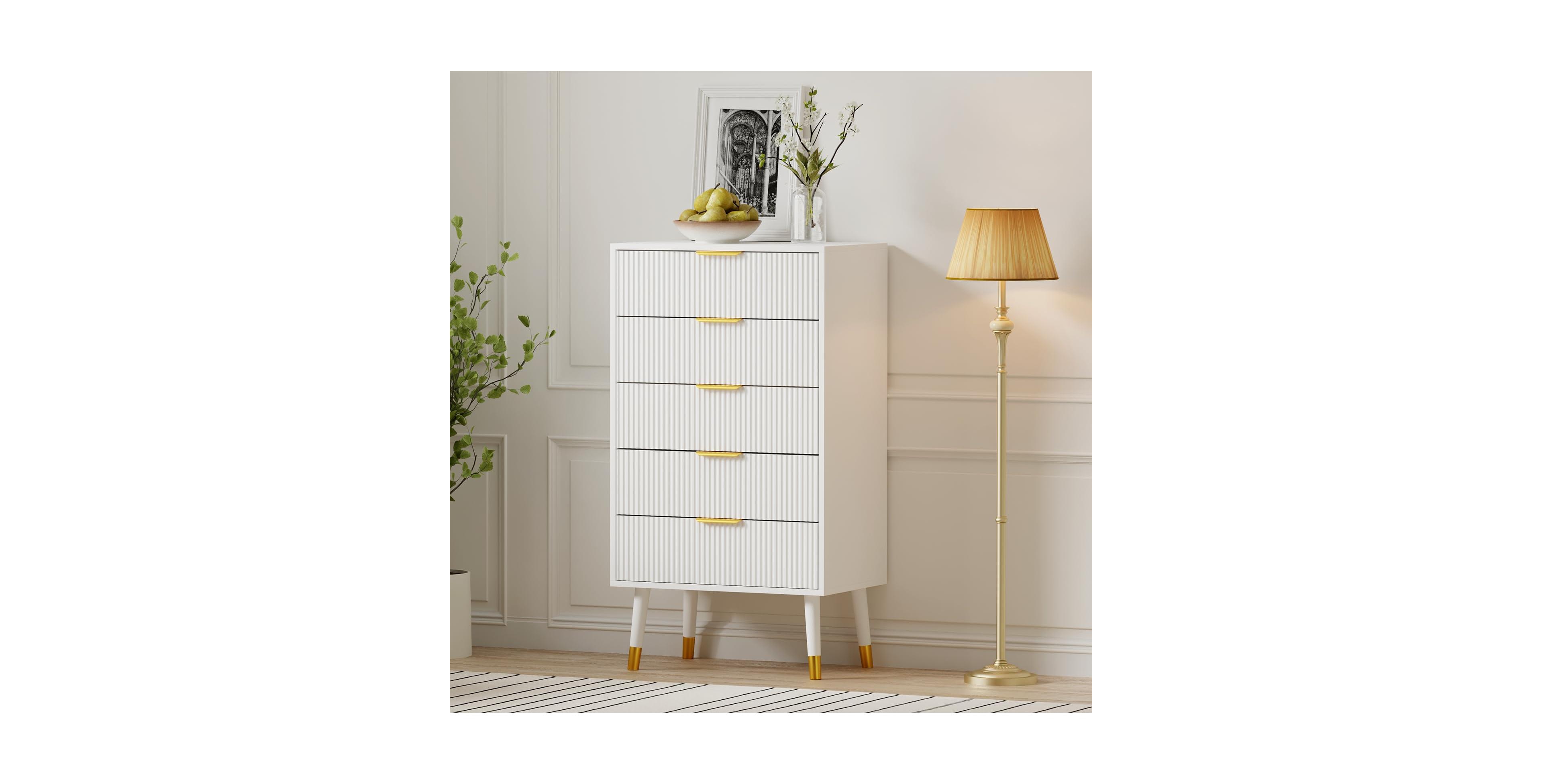 homfan Modern 5 Drawer Fluted Chest, Tall Dresser with Metal Handles and Accent Legs
