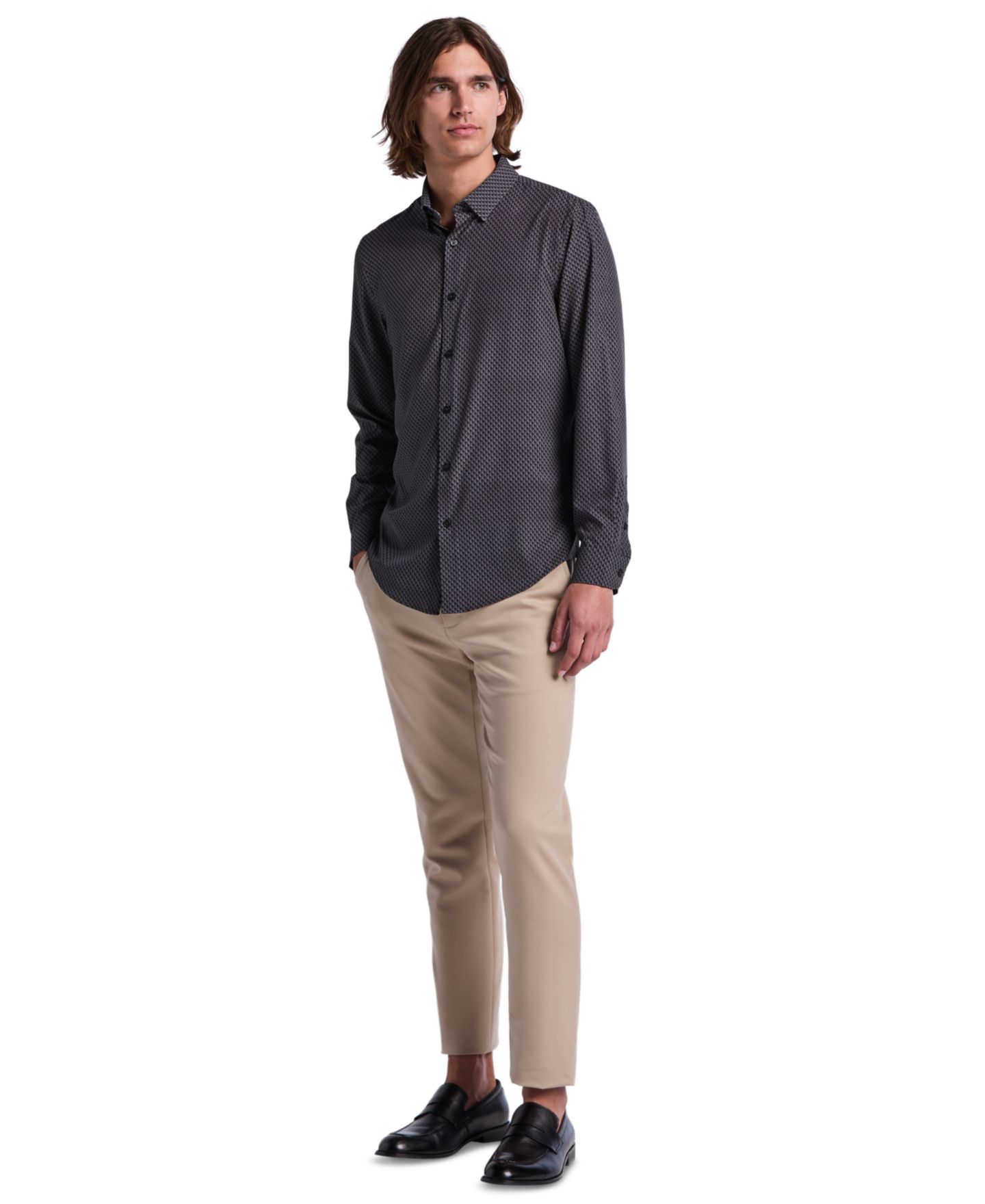 Мужская рубашка Perry Ellis Long-Sleeve Slim-Fit Diamond Geometric Print, цвет: Чёрный — фото 2
