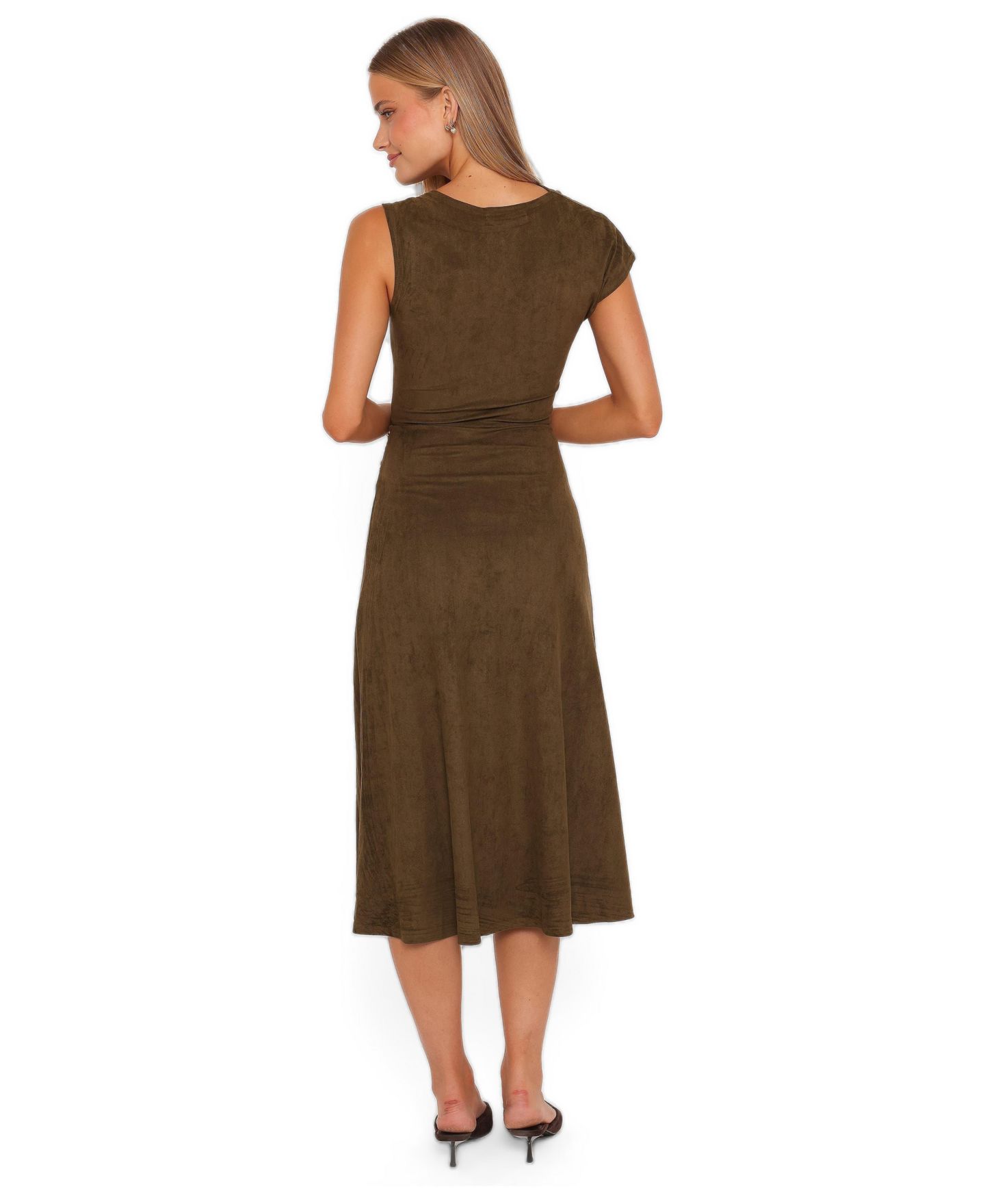 Женское платье Petal and Pup Lovlin Asymmetrical Cowl Neck Sleeveless Faux Suede Maxi, цвет: Оливковый — фото 3