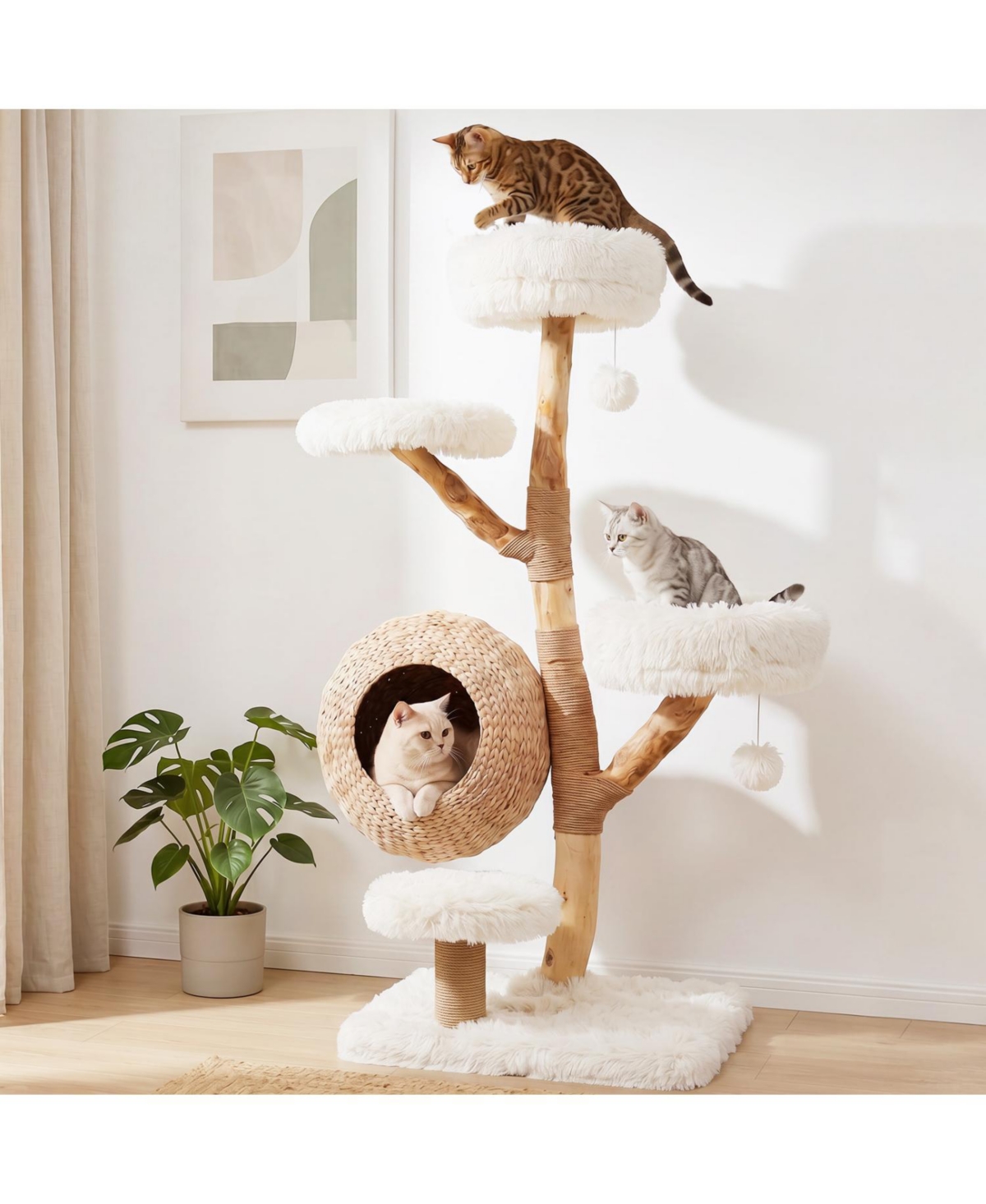 Zeny 5-Tier Wooden Cat Tree with Woven Condo and Jute Posts - White