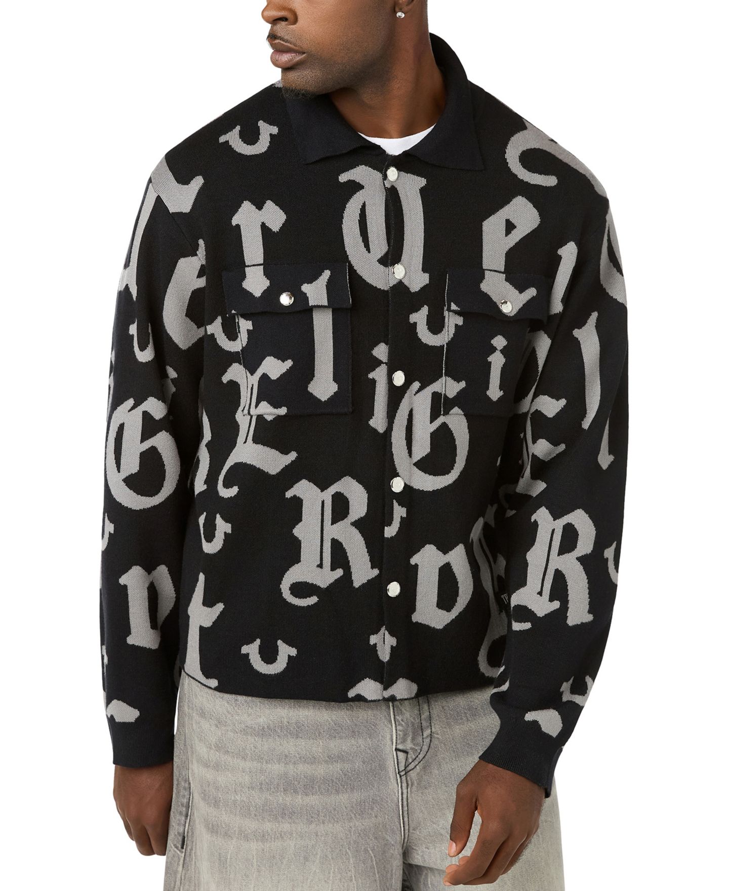 Мужская рубашка True Religion Logo Script Long-Sleeve Regular-Fit Knit, цвет: Угольно-чёрный — фото 2