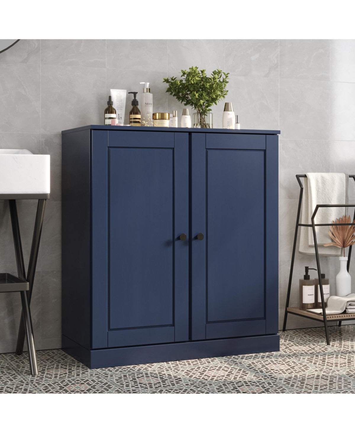 Palace Imports 100% Solid Wood Freestanding Bathroom Linen Storage Cabinet with Raised Panel Doors, Adjustable Shelves, 32" W x 35.75" H - Navy blue