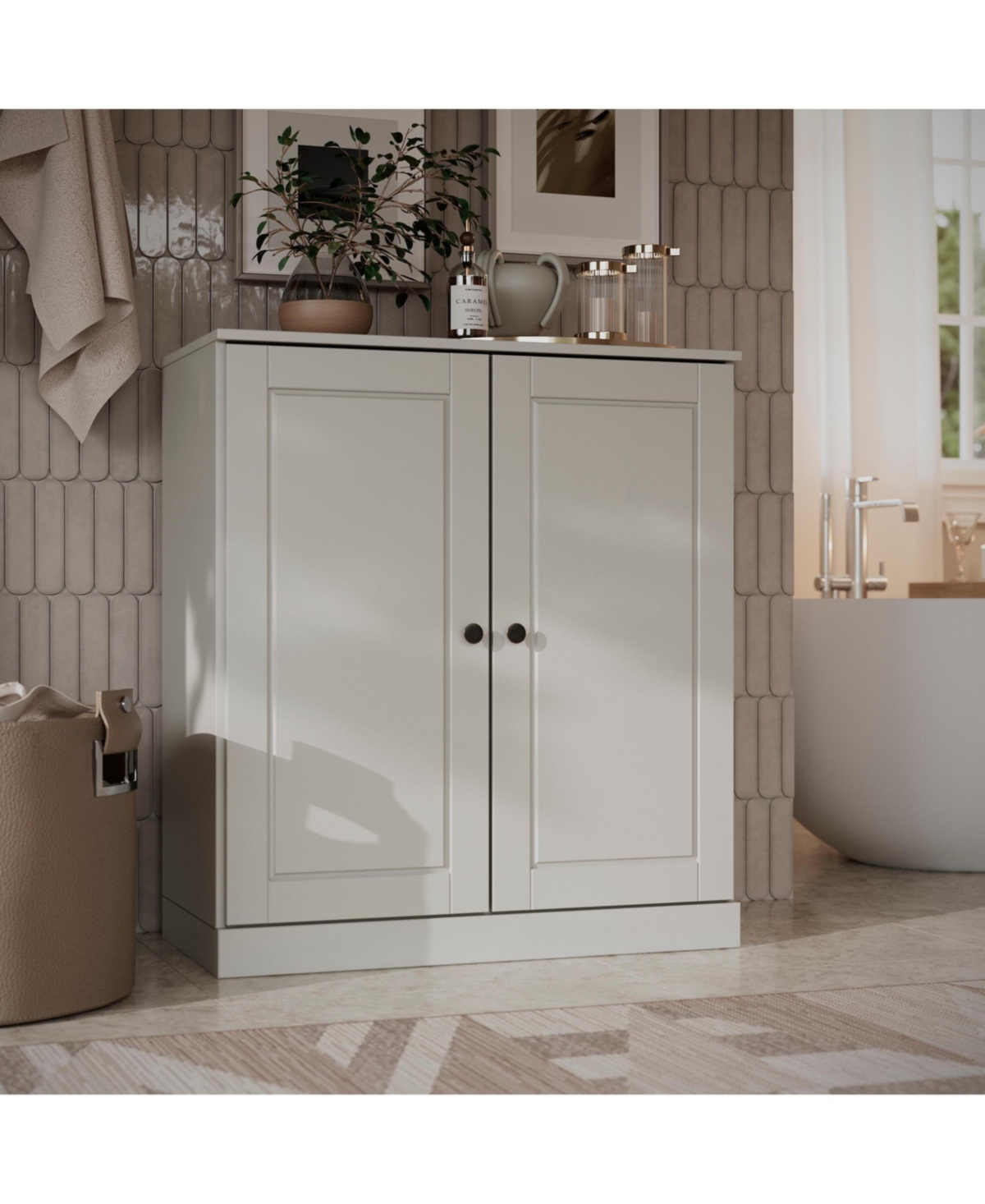 Palace Imports 100% Solid Wood Freestanding Bathroom Linen Storage Cabinet with Raised Panel Doors, Adjustable Shelves, 32" W x 35.75" H - Off white