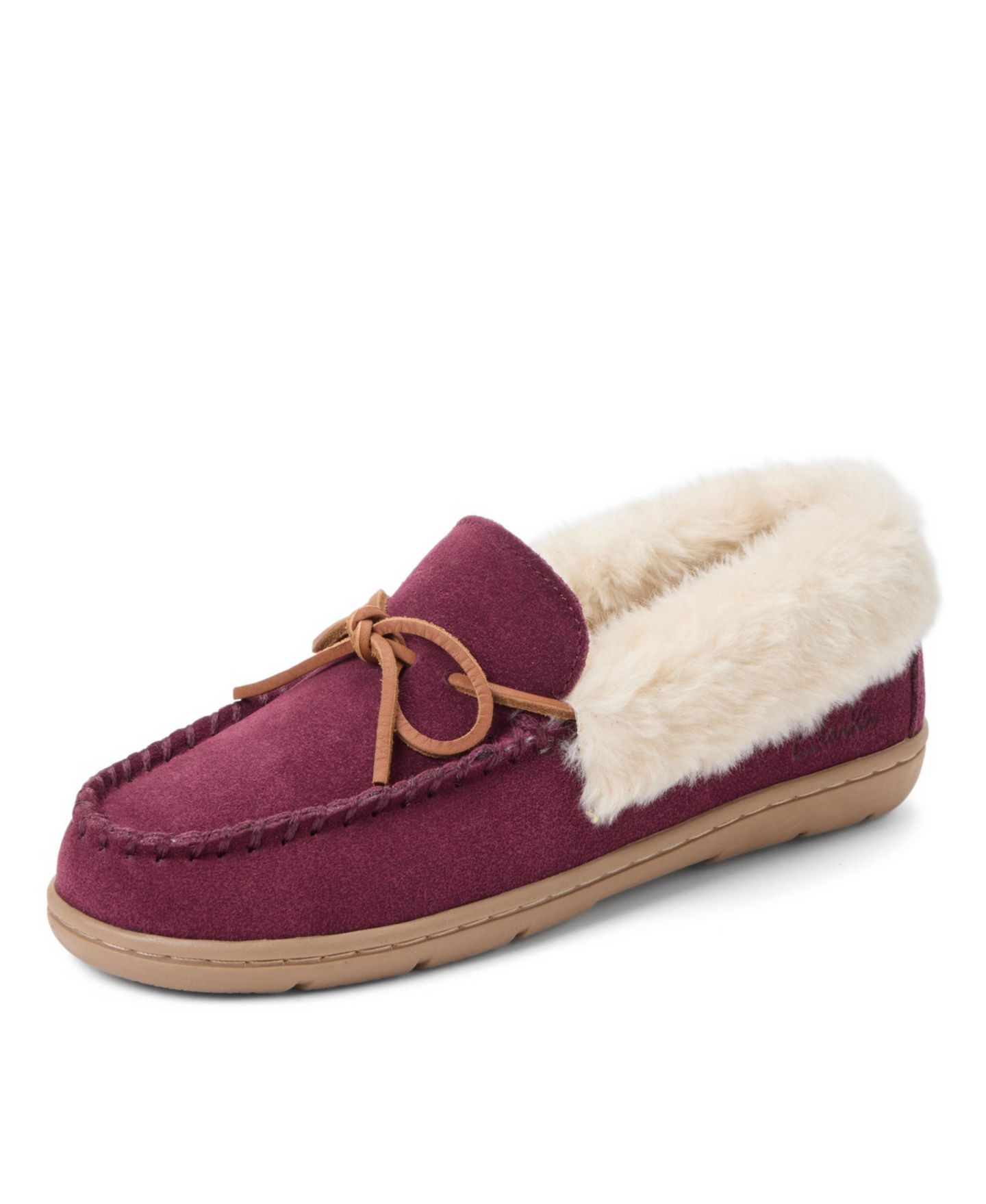 Женские тапочки Clarks Suede Moc With Leather Lacing and Faux Fur Trim Slippers, цвет: Бордовый — фото 8