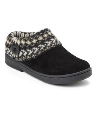Women's Suede Clog With Fair Isle Sweater Knit Cuff and Wood Button Slippers