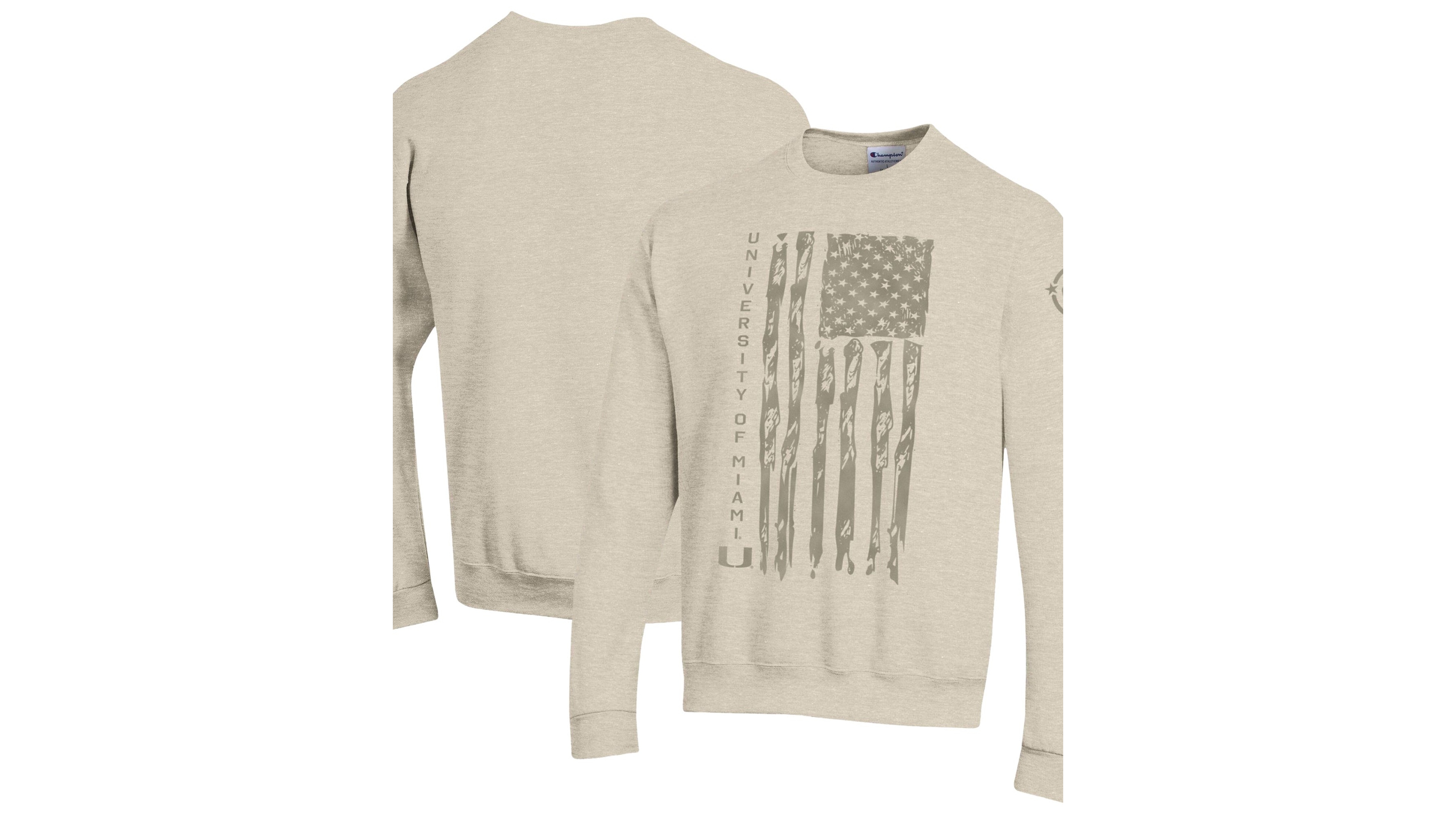 Champion Men's Oatmeal Miami Hurricanes Operation Hat Trick Flag Fleece Crewneck Sweatshirt