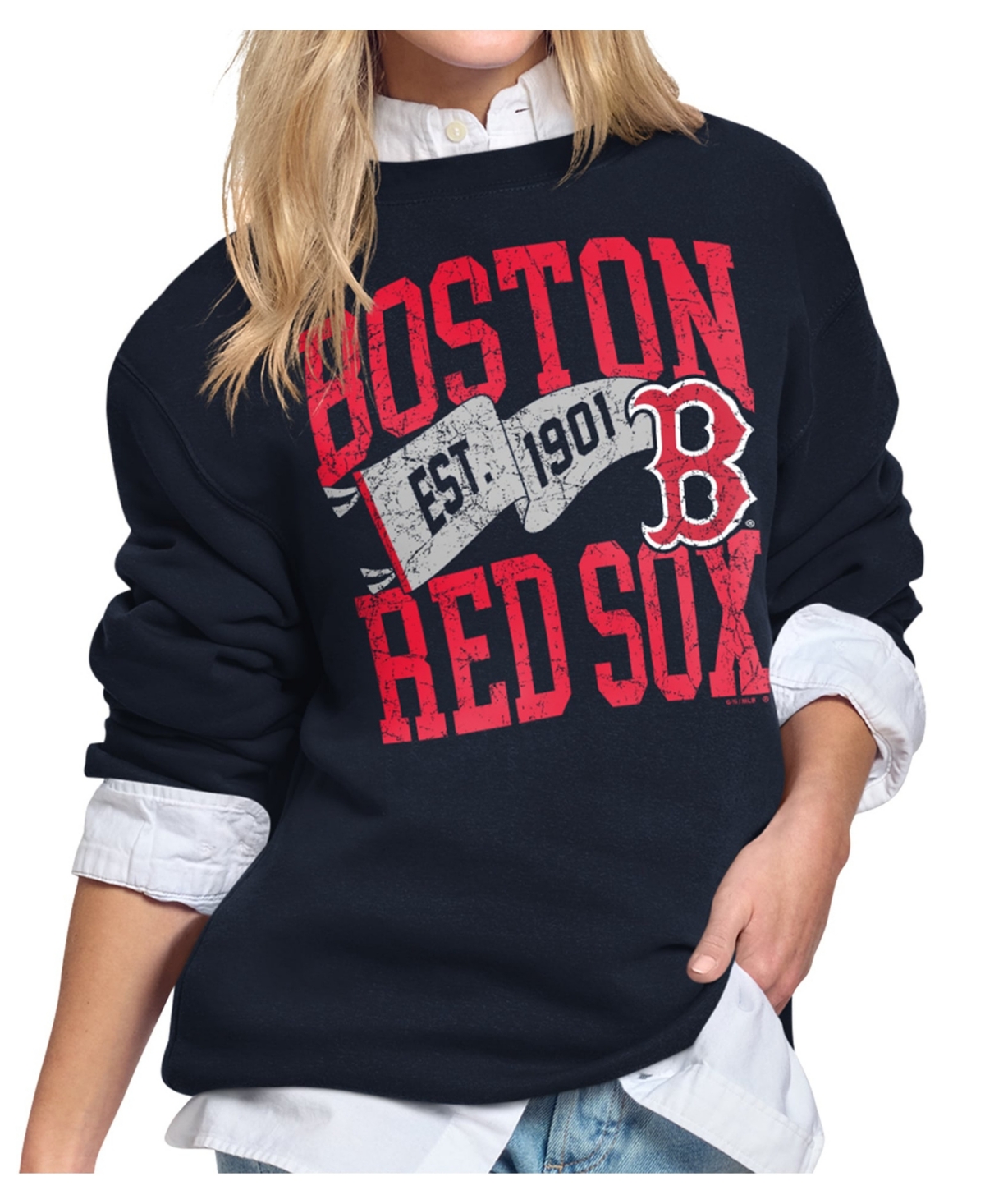 Starter Women's Navy Boston Red Sox Pennant Flag Fleece Sweatshirt - Navy