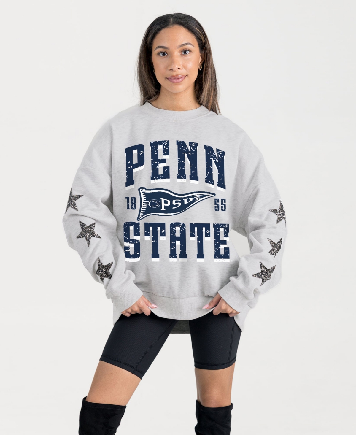 Gameday Couture Women's Ash Penn State Nittany Lions Oversized Pennant Pride Rhinestone Star Sleeve Sweatshirt
