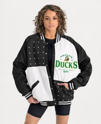 Women's Black Oregon Ducks Oversized Inner Drive Varsity Rhinestone Full-Snap Bomber Jacket