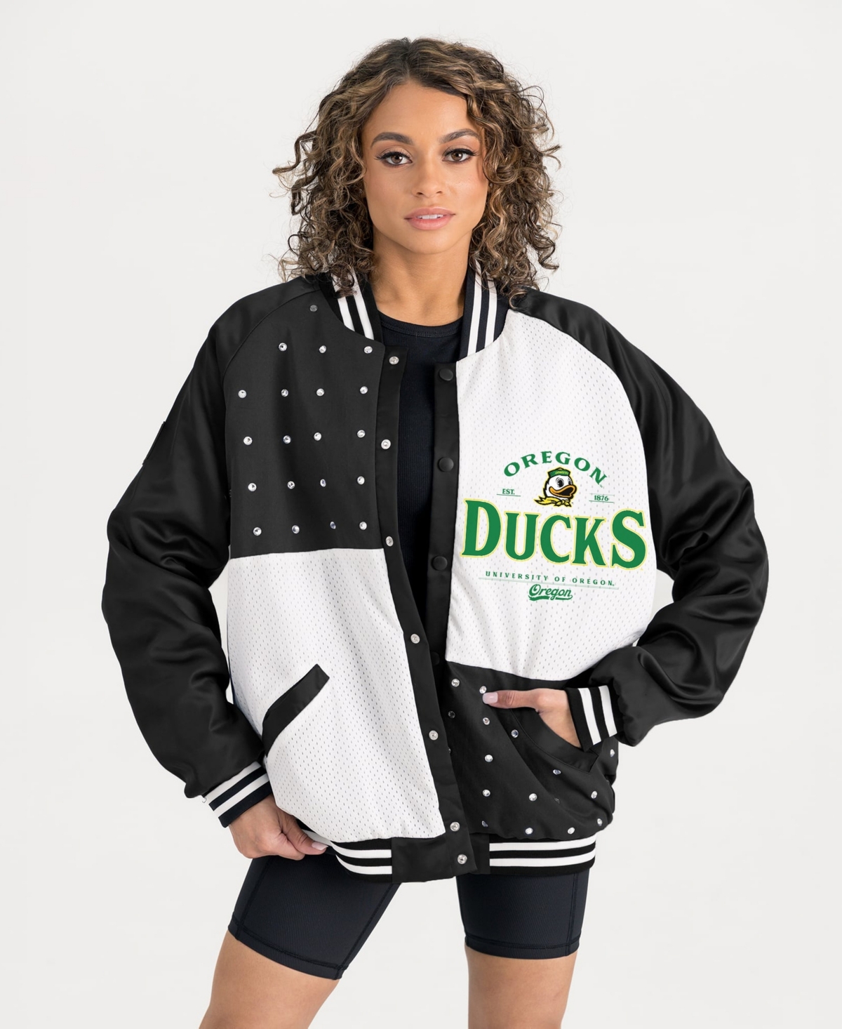 Gameday Couture Women's Black Oregon Ducks Oversized Inner Drive Varsity Rhinestone Full-Snap Bomber Jacket