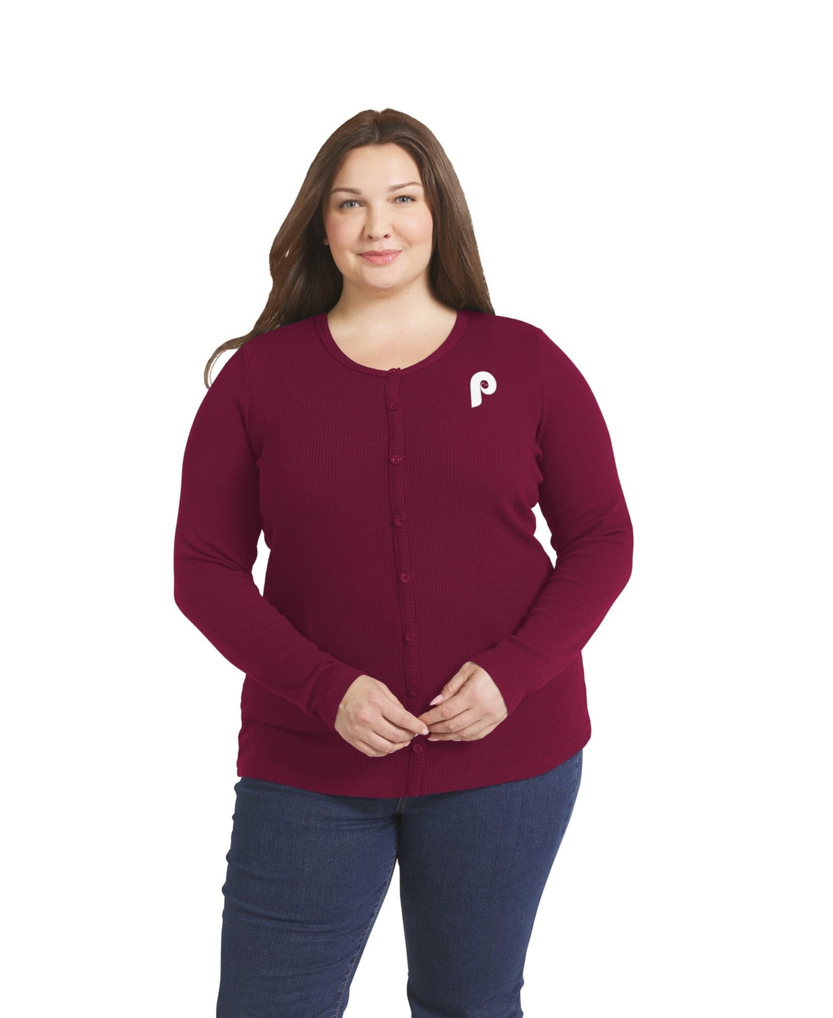 Wear by Erin Andrews Women's Red Philadelphia Phillies Plus Size Rib Knit Button-Down Sweater - Red