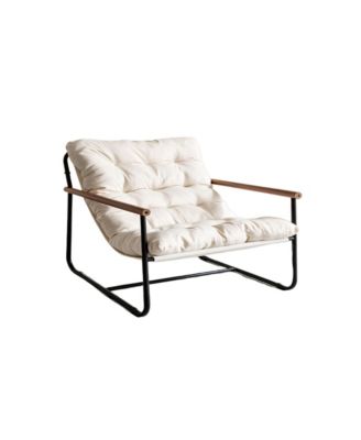 Modern Boucle Accent Chair with Wood Armrest and Metal Frame, Comfy Sherpa Reading Chair for Living Room Bedroom