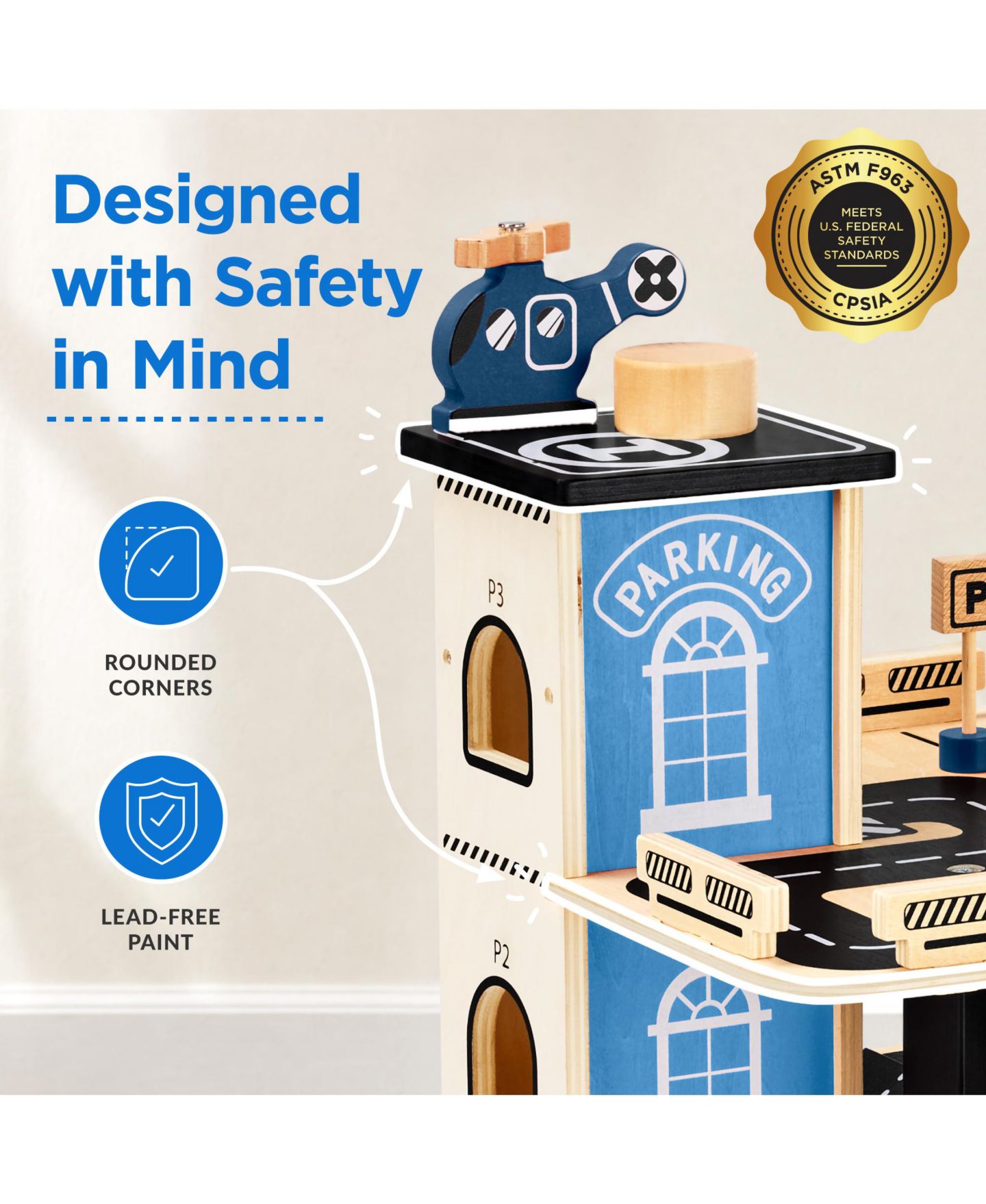 Детские игрушки Best Choice Products 3-Story Wooden Parking Garage Playset with Working Elevator, 11-Piece Set, цвет: Синий — фото 8