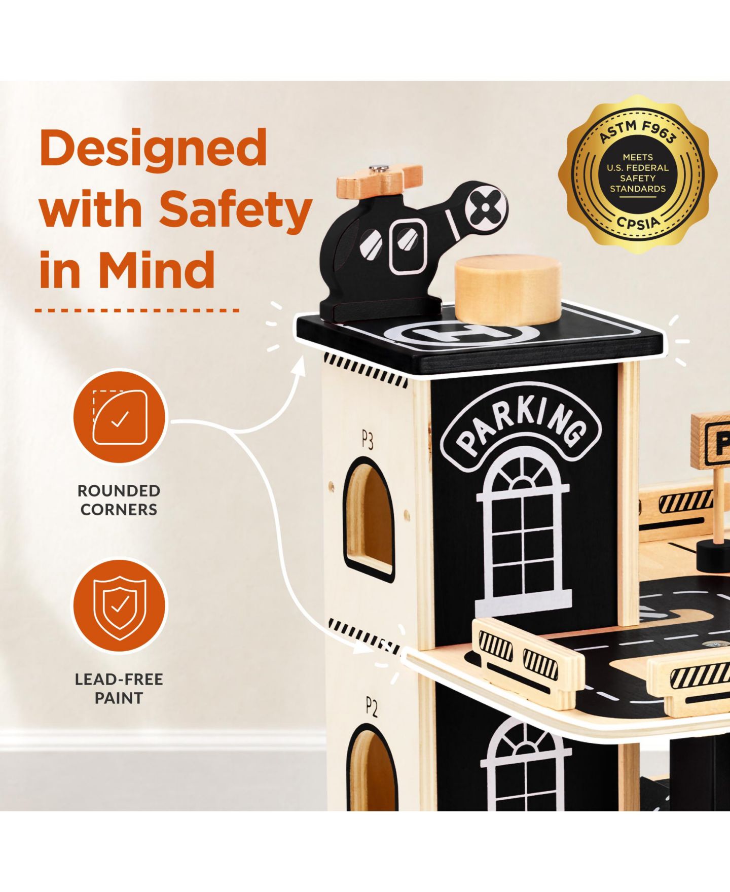 Детский игровой набор Best Choice Products Working Elevator 3-Story Wooden Parking Garage Playset, 17.1" x 14.4" x 15", цвет: Чёрный — фото 8