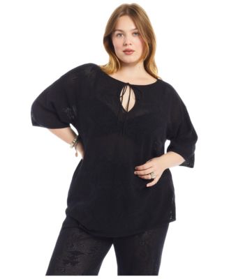 Plus Size Tie-Neck Jacquard Knit Open-Stitch Tunic