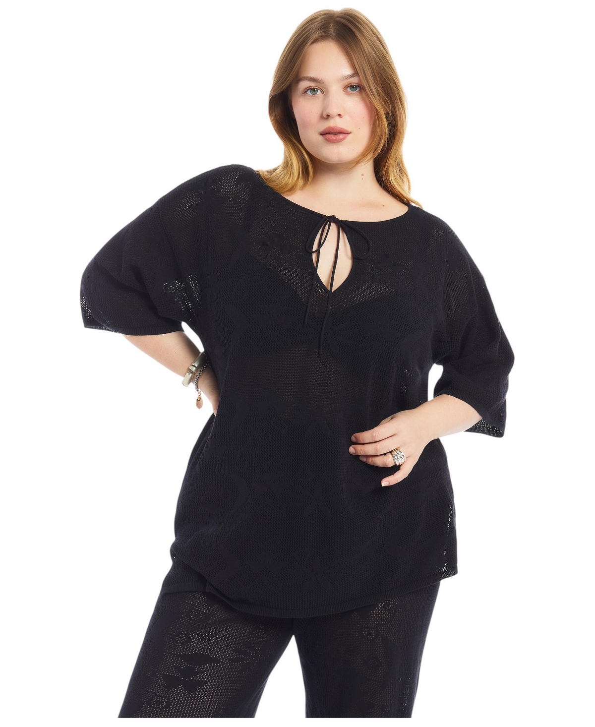 June & Vie Plus Tie-Neck Jacquard Knit Open-Stitch Tunic