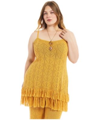 Plus Size Square-Neck Fringe-Trim Pointelle-Knit Tunic