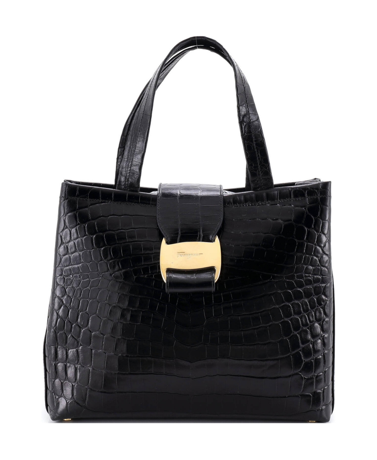 Pre-Owned Salvatore Ferragamo Small Convertible Vara Bow Tote Embossed Leather - Black