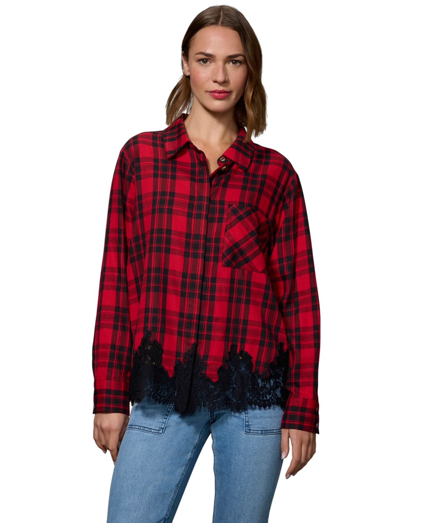 Женская блузка Sanctuary Best Long-Sleeve Plaid Lace-Hem, цвет: Клетчатый — фото 1