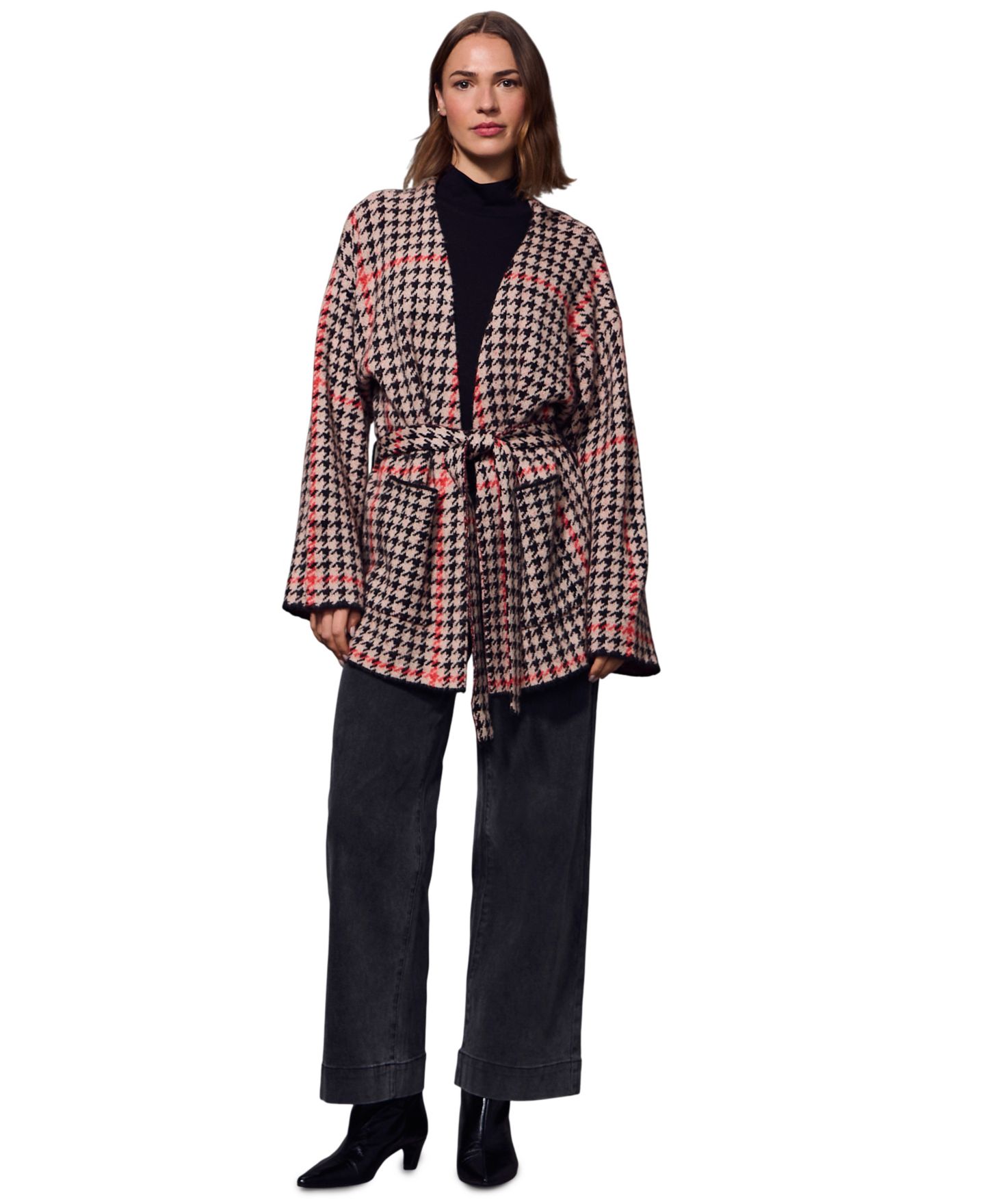 Женские куртки Sanctuary Houndstooth Plaid Jacquard Coatigan, цвет: Красная гусиная лапка — фото 2