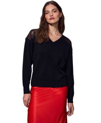 Women's Lace Detail V-Neck Long-Sleeve Sweater