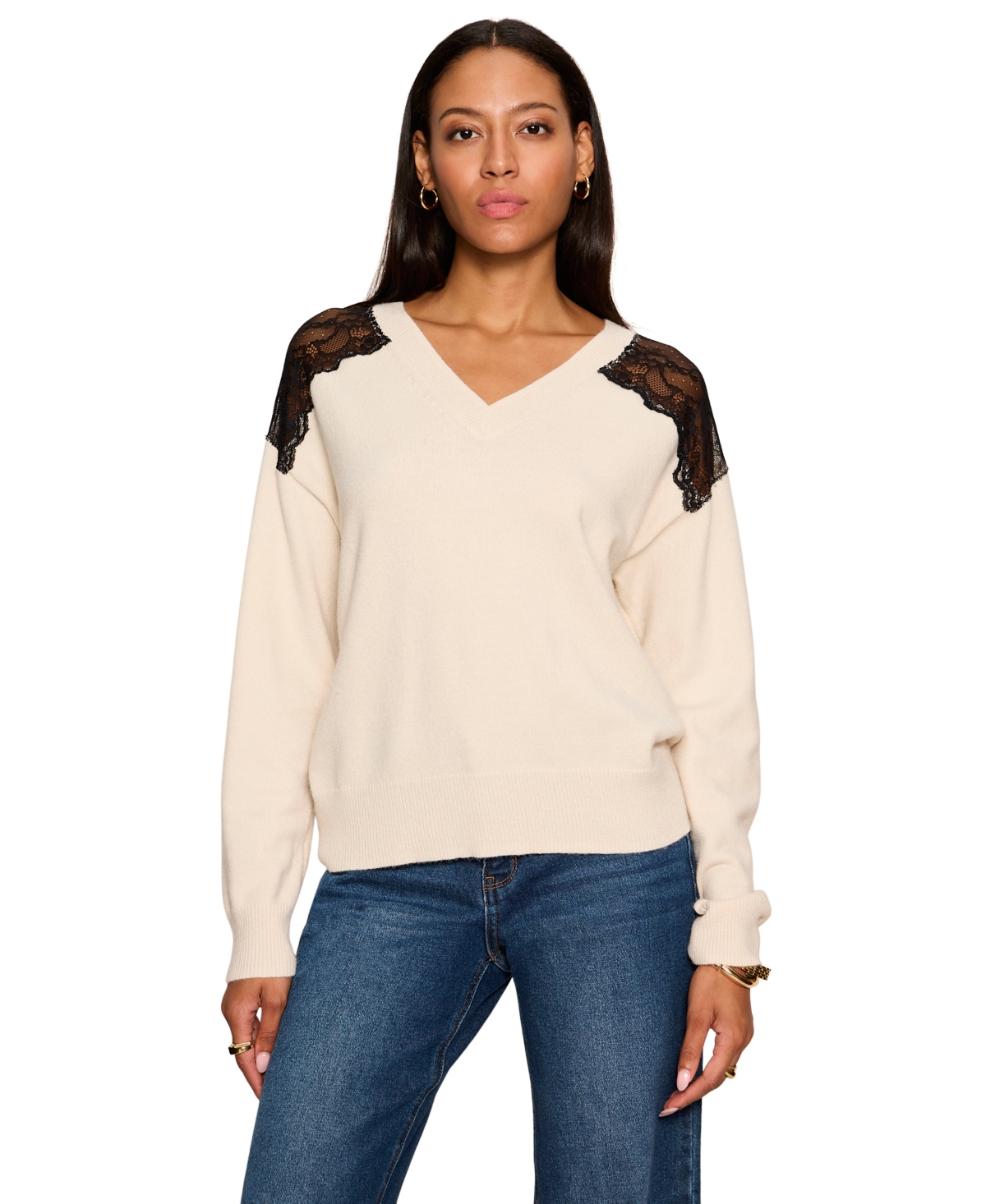 Sanctuary Women's Lace Detail V-Neck Long-Sleeve Sweater - Bone