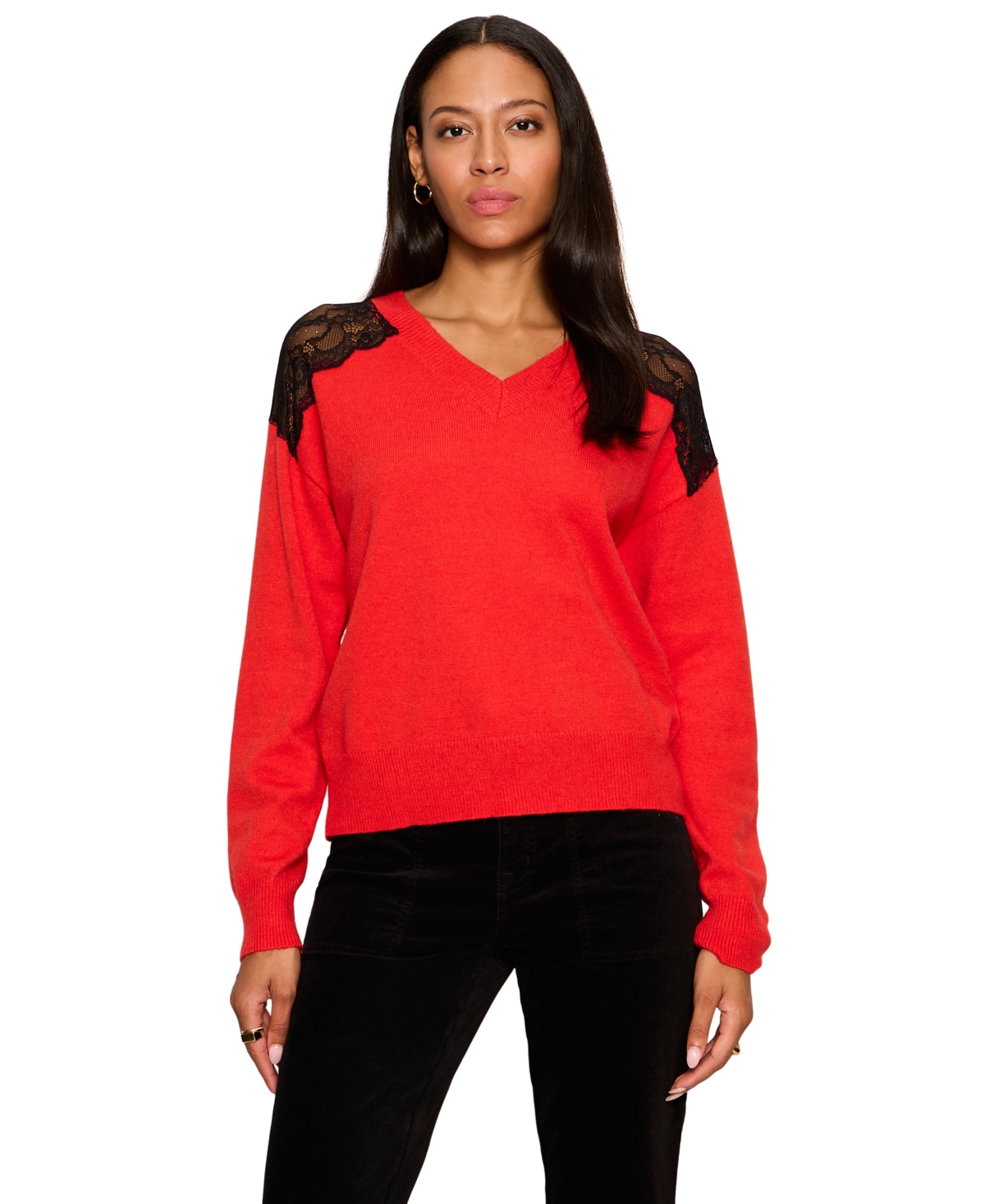 Sanctuary Women's Lace Detail V-Neck Long-Sleeve Sweater - Red Hot