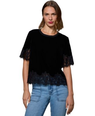 Women's Velvet Lace-Trim Short-Sleeve Blouse