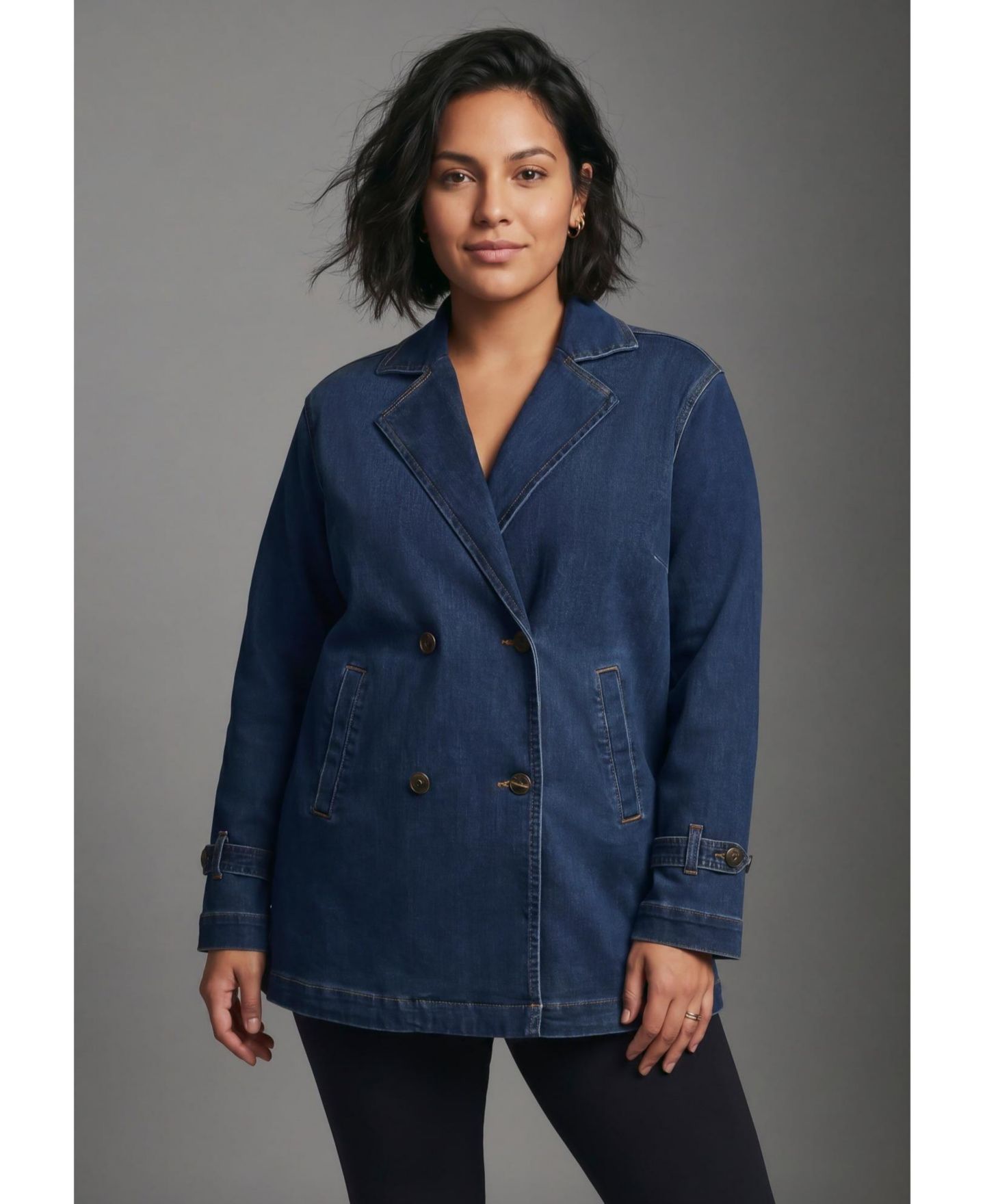 Женская куртка Avenue Plus Size Cropped Notch Lapel Denim Trench, цвет: Тёмная варка — фото 4
