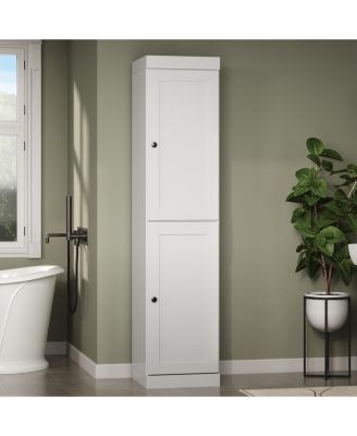 Solid Wood Tall Bathroom Linen Storage Cabinet with Shaker Doors, Adjustable Shelves