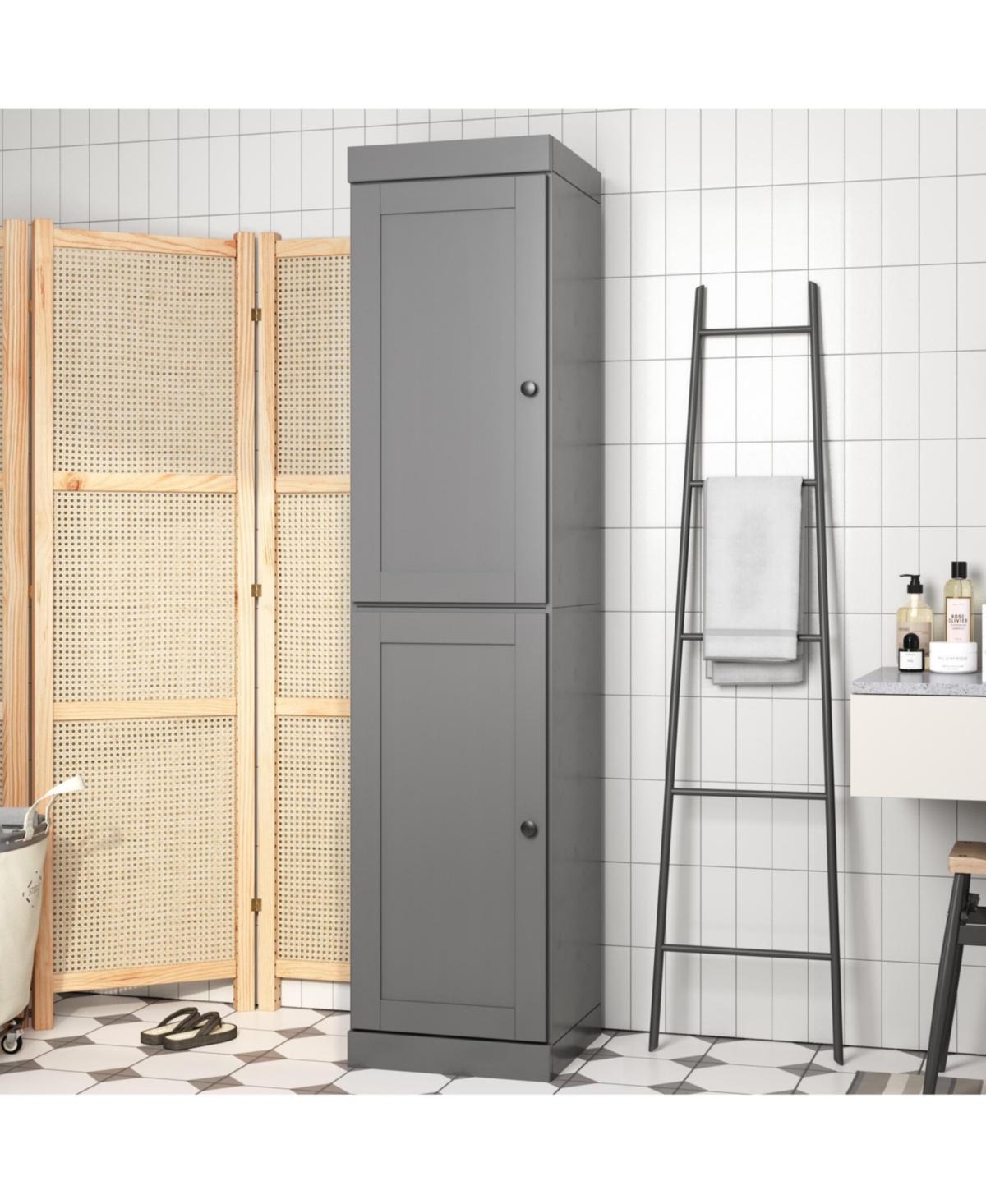 Palace Imports Solid Wood Tall Bathroom Linen Storage Cabinet with Shaker Doors, Adjustable Shelves - Gray