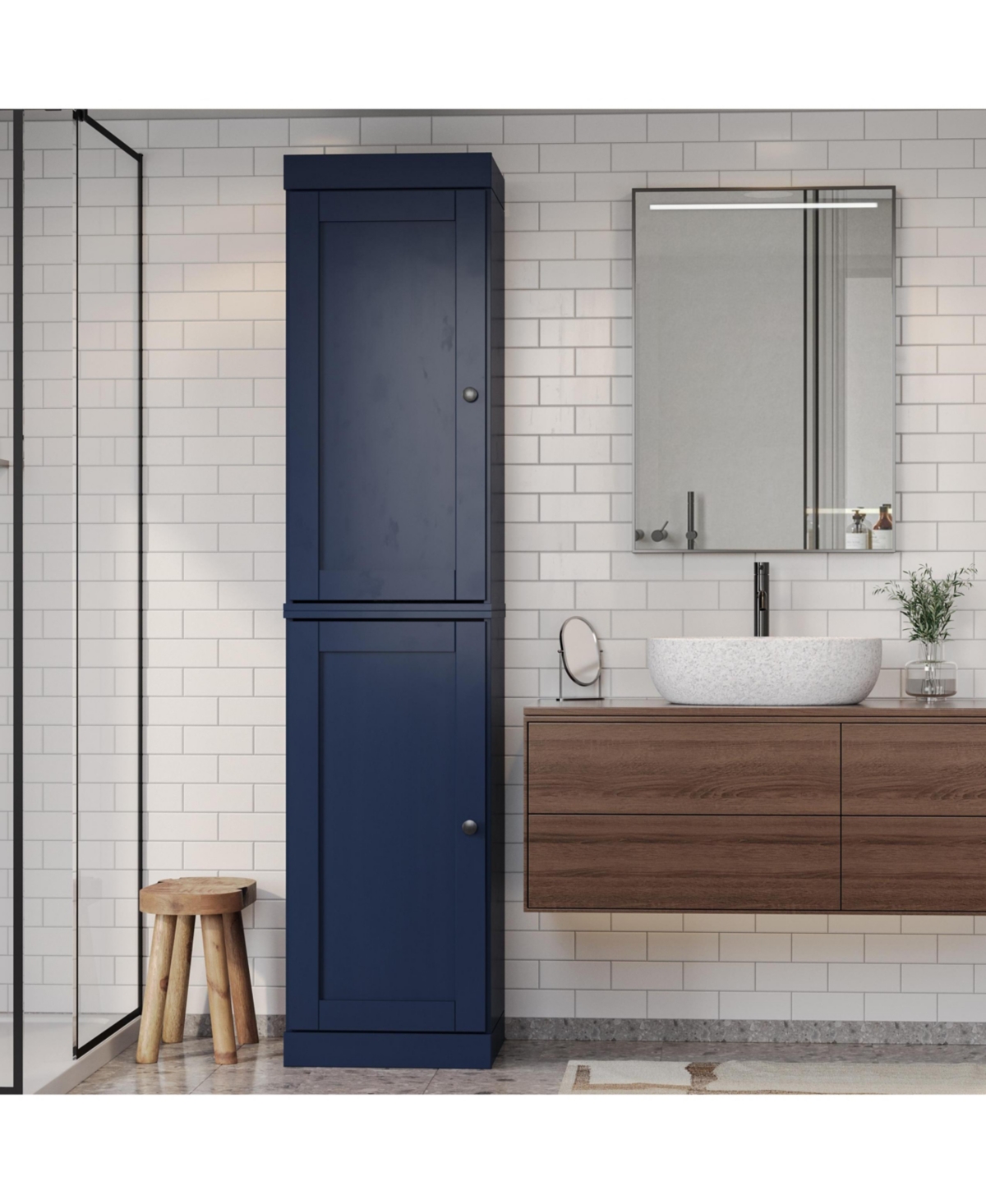 Palace Imports Solid Wood Tall Bathroom Linen Storage Cabinet with Shaker Doors, Adjustable Shelves - Navy blue