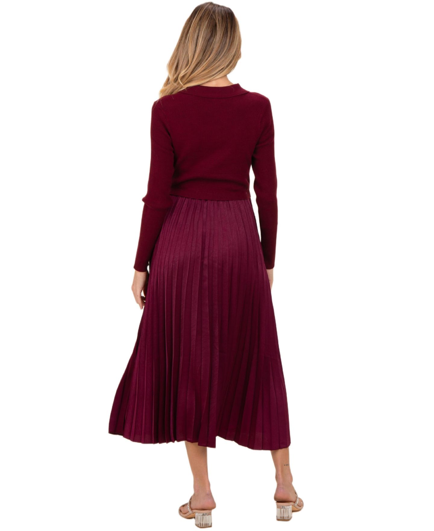 Женское платье Pinkblush Collared Knit Contrast Pleated Skirt Midi, цвет: Бордовый — фото 3