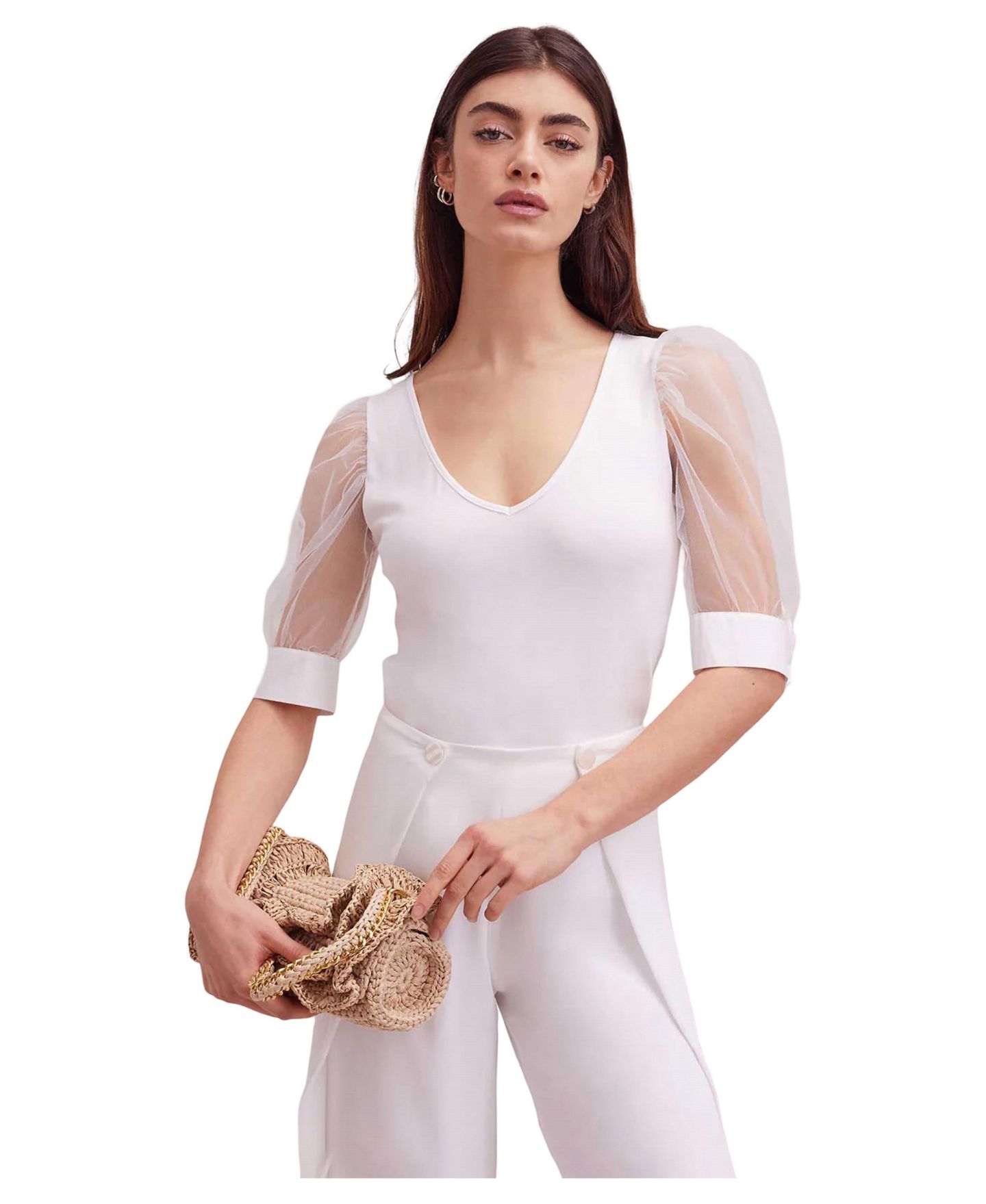 Женская футболка Anne Fontaine Aerial V-Neck Sheer Mesh Sleeves, цвет: Белый — фото 1