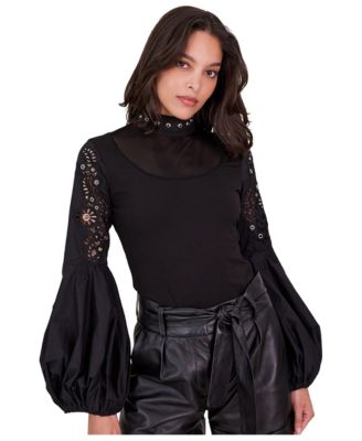 Women's Lenna Balloon Sleeve Mock Neck Sheer Blouse