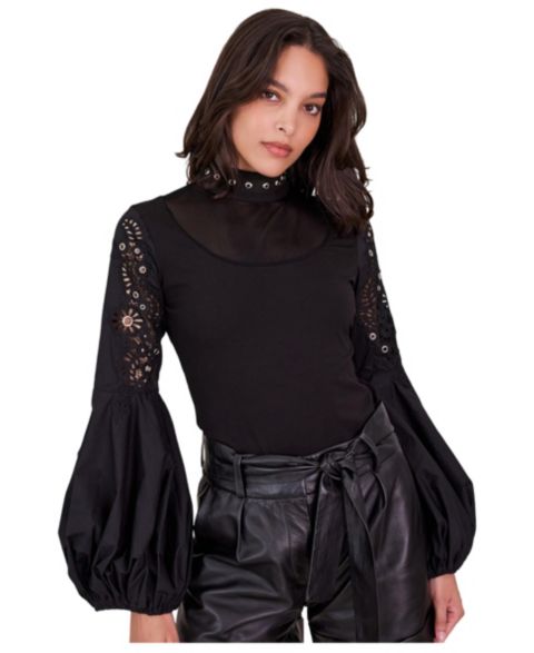 Женская блузка Anne Fontaine Lenna Balloon Sleeve Mock Neck Sheer, цвет: Чёрный